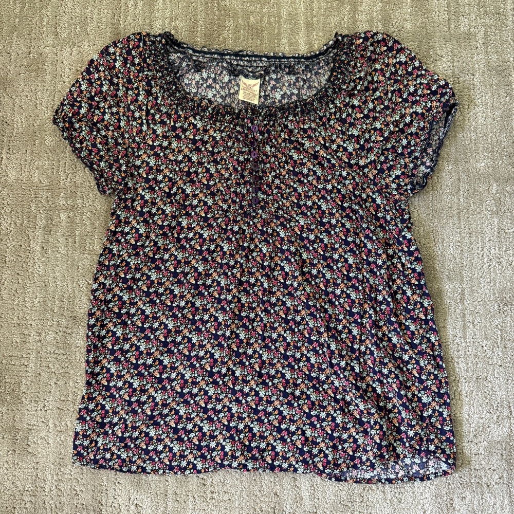 Faded Glory Multicolor Floral Rayon Blouse Top Purple Sz Medium